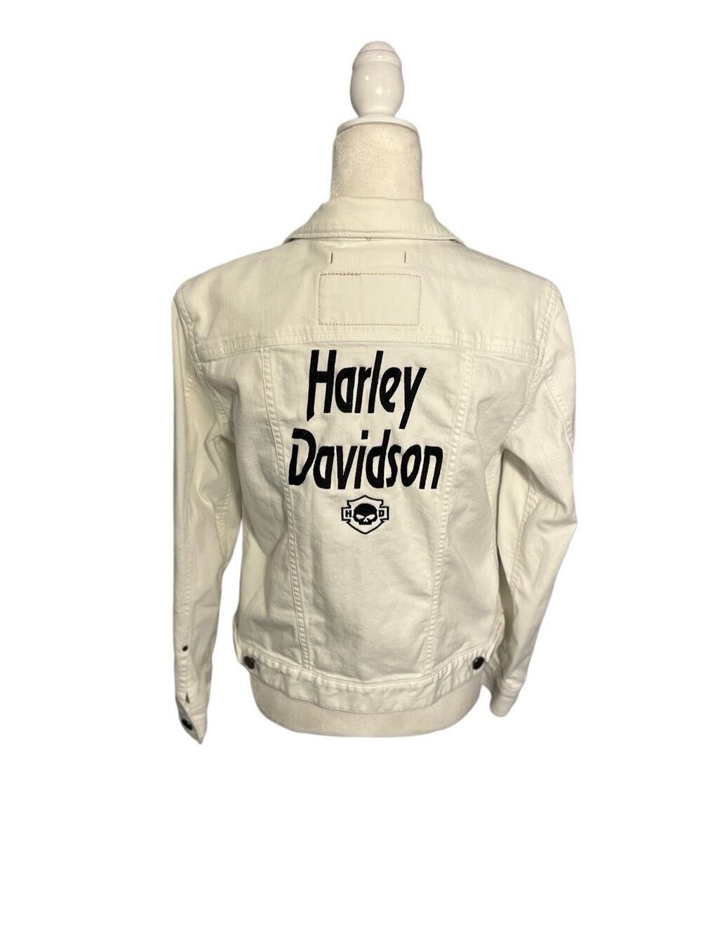 “Harley-Davidson” white jean jacket with embroidered black lettering and logo -